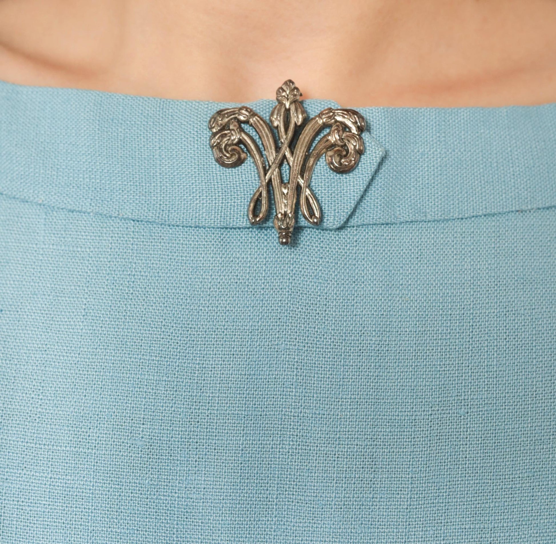 60s Mod Shift Dress Wool Boat Neck Blue Silver Brooch Large L