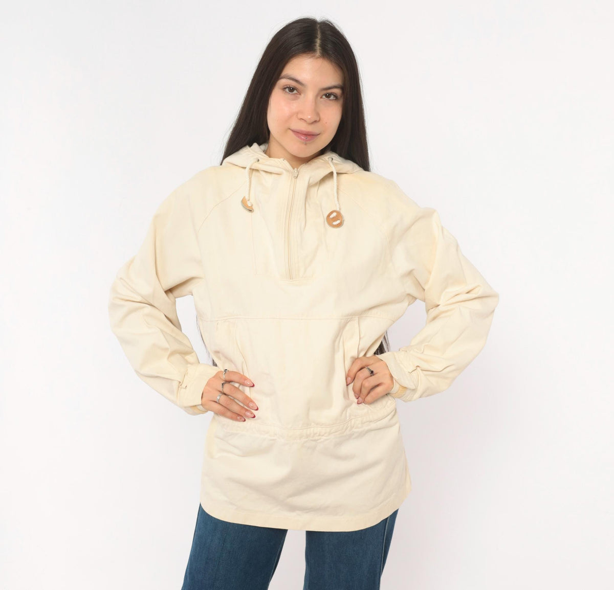 80s Woolrich Cream Cotton Anorak Half-Zip Hooded Pullover Jacket Medium