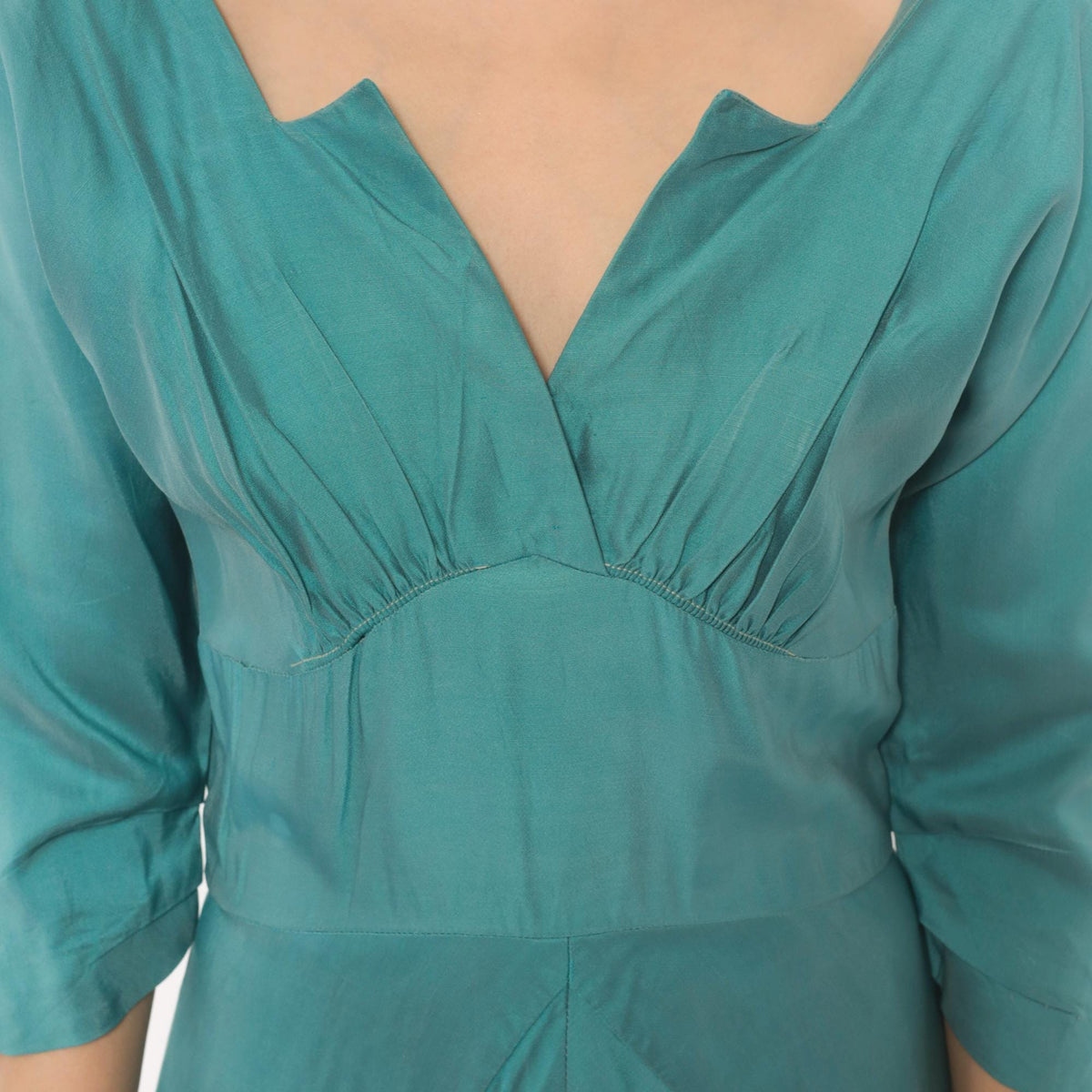 1940s Teal Dress V-Neck Three Quarter Sleeve Drop Waist Midi Small S