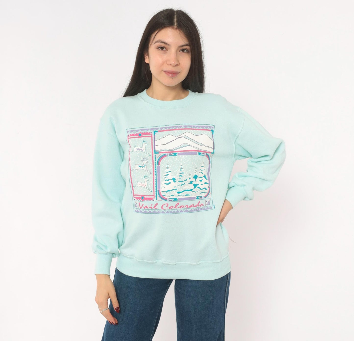 90s Jerzees Vail Colorado Ski Resort Sweatshirt Mint Green Mountain Graphic Medium