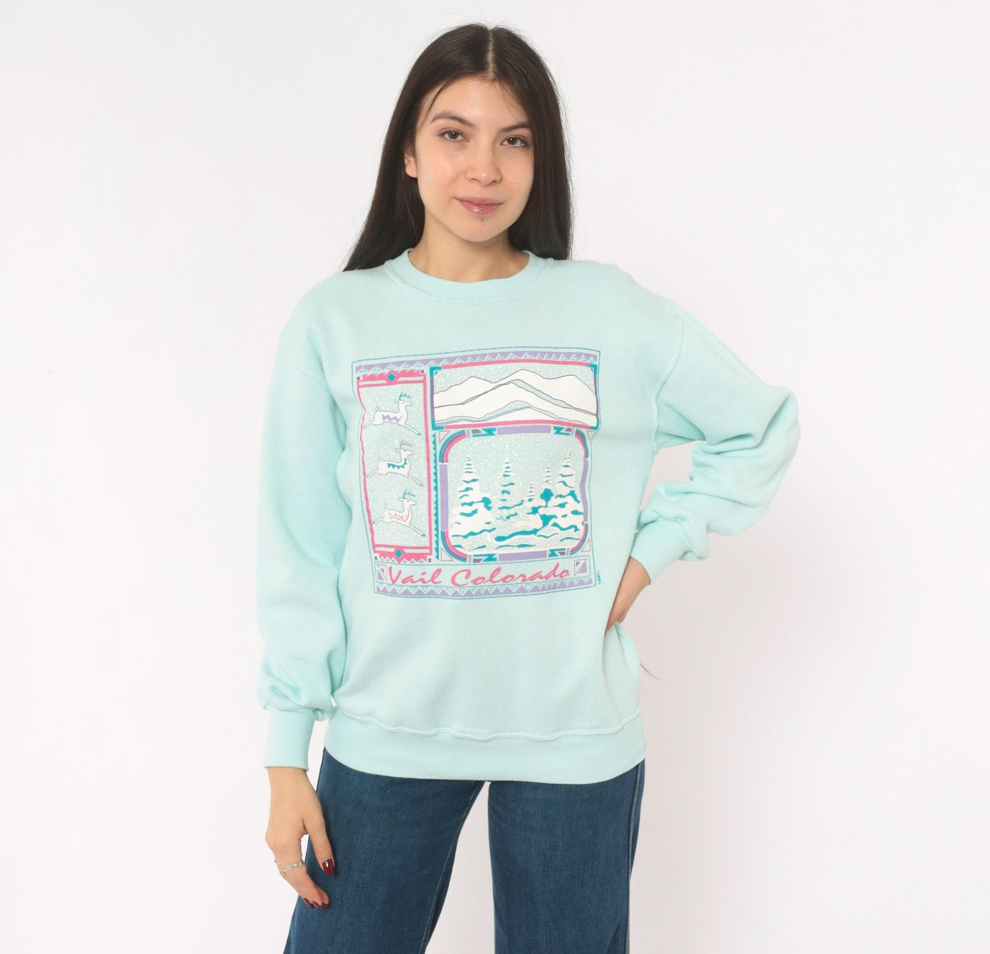 90s Jerzees Vail Colorado Ski Resort Sweatshirt Mint Green Mountain Graphic Medium