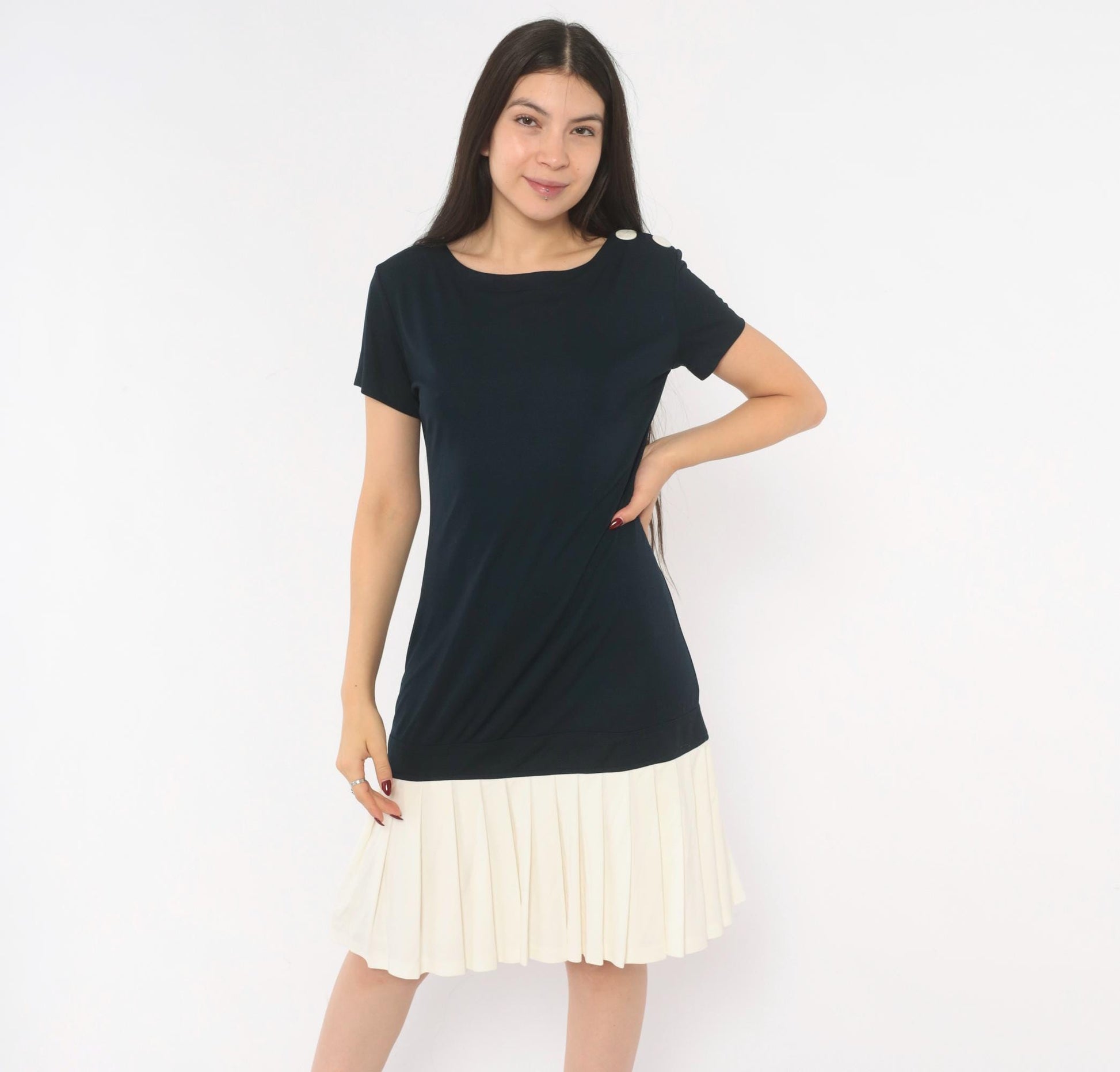90s Robbie Bee Drop Waist Dress Navy Cream Pleated Colorblock Small