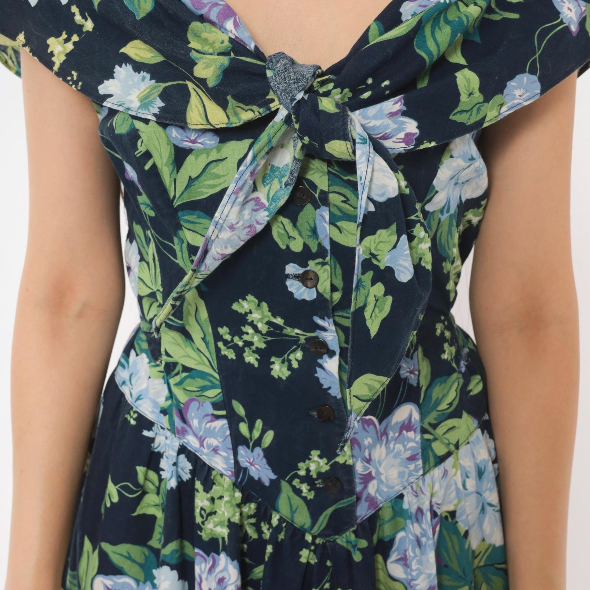 80s Jessica Howard Navy Floral Cotton Dress Sailor Collar Button Front Medium