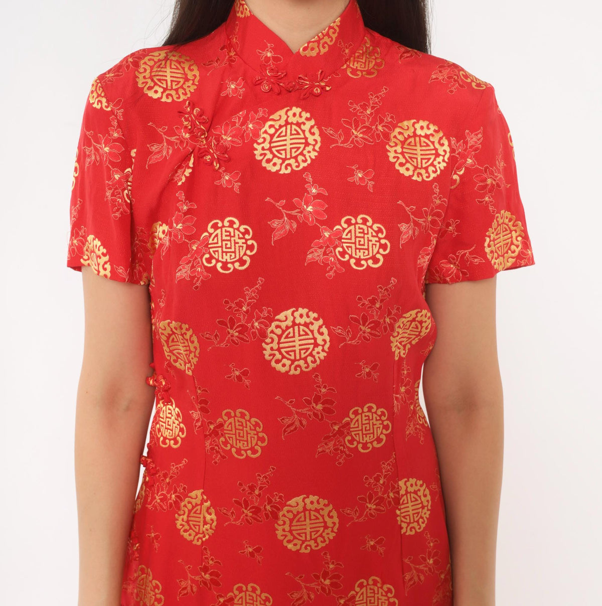 80s Red Gold Cheongsam Midi Dress Mandarin Collar Frog Button Small