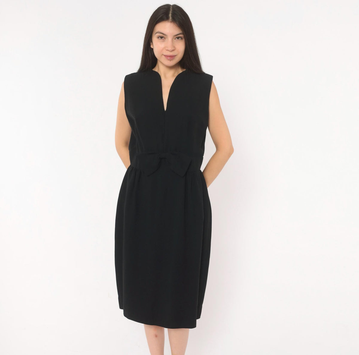 60s Black Mod Sleeveless Dress Bow Waist Knee Length A-Line Large L