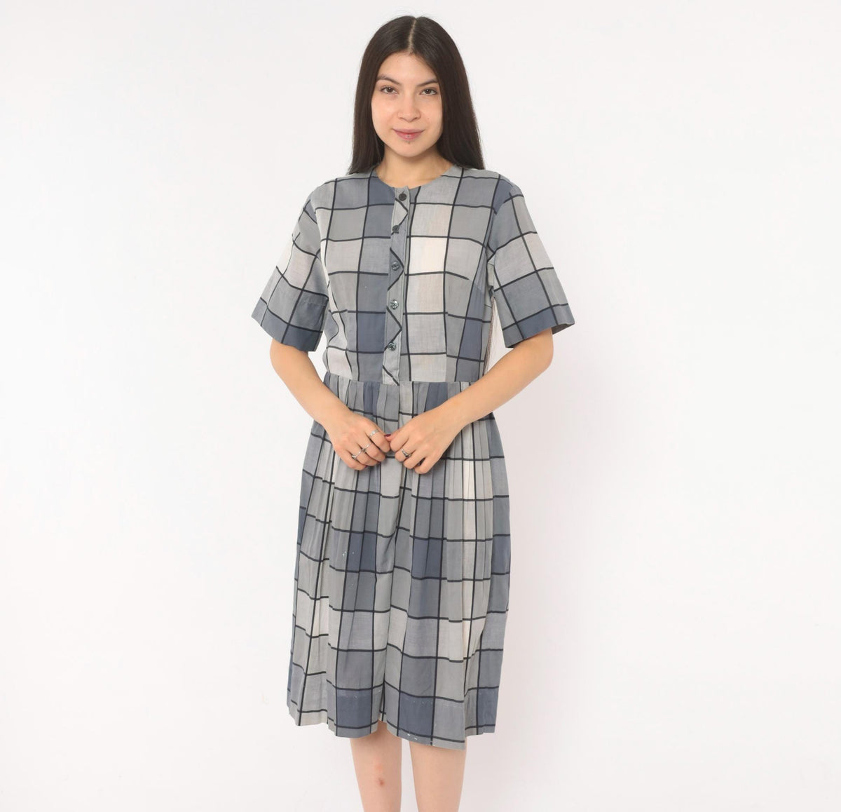 80s Windowpane Plaid Cotton Midi Dress Grey Blue Button Front Medium