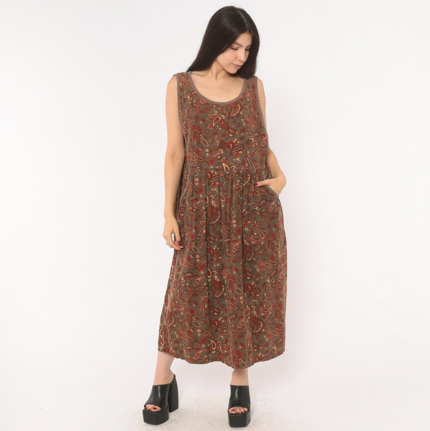90s Erika Paisley Corduroy Jumper Dress Olive Maxi Pleated Skirt Extra Large XXL