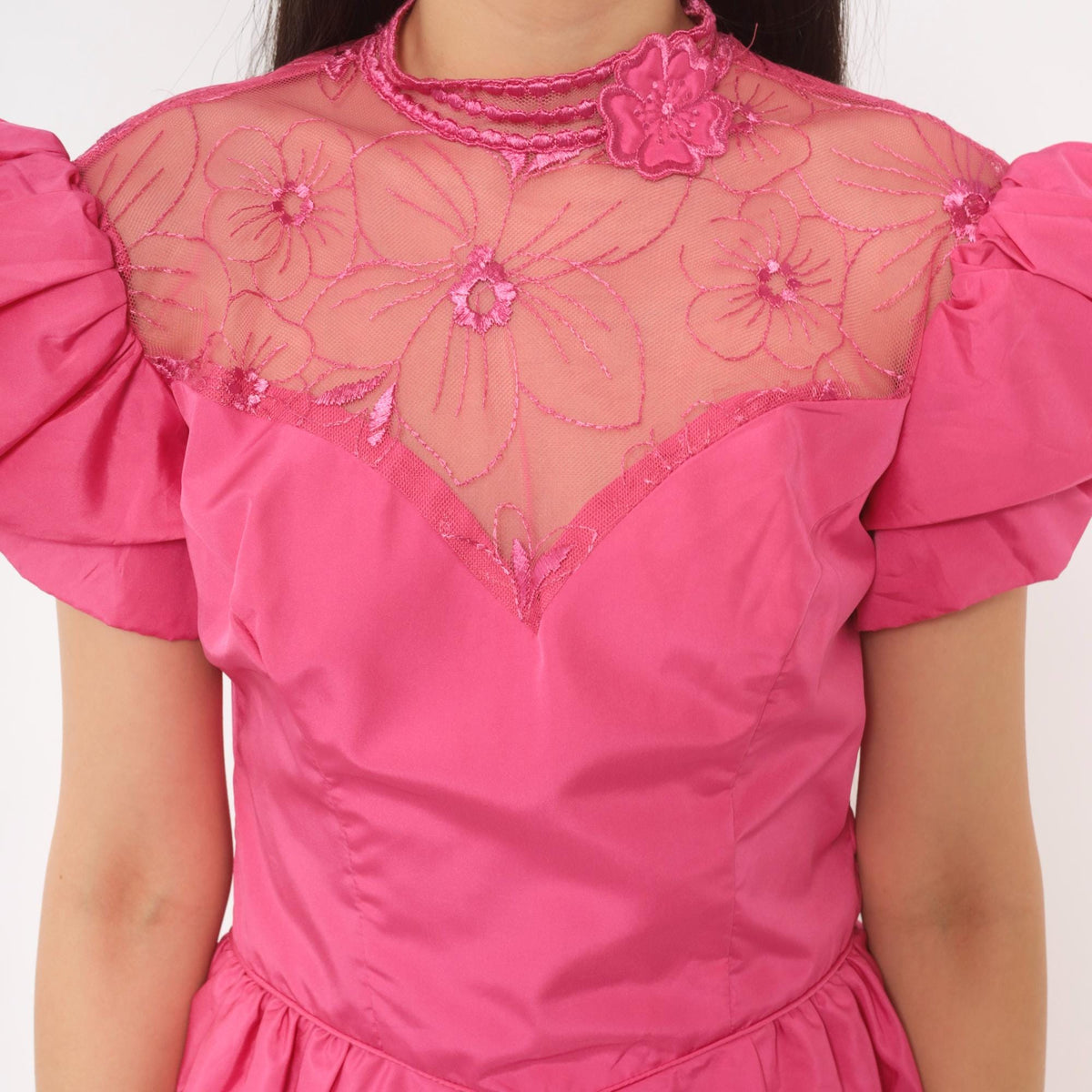 80s Eve Of Milady Hot Pink Maxi Gown Puff Sleeve Peplum Lace Bodice Small