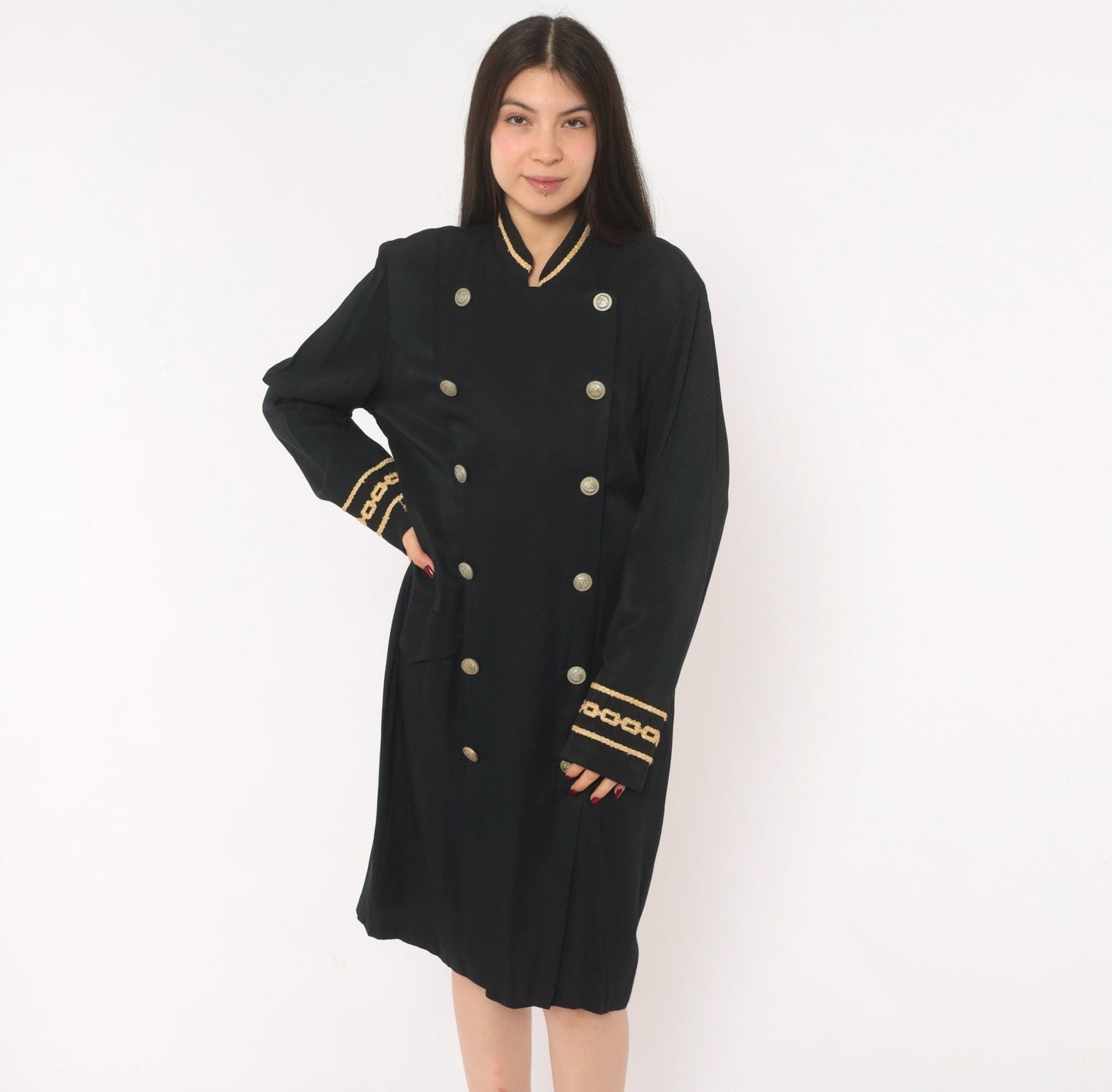 90s Marnie West Military Coat Dress Black Gold Chain Mandarin Collar Large L