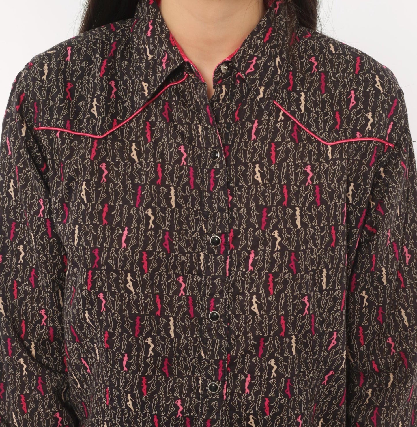 Y2K Ultra Twenty X Western Snap Shirt Cowgirl Print Grey Pink Cotton Medium M