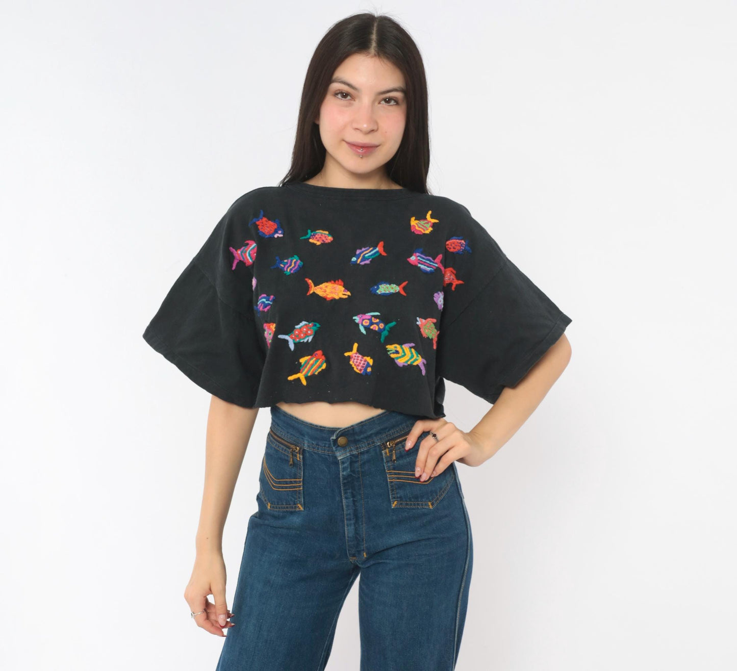 90s Las Manos Embroidered Fish Crop Top Black Cotton Rainbow Tropical Medium