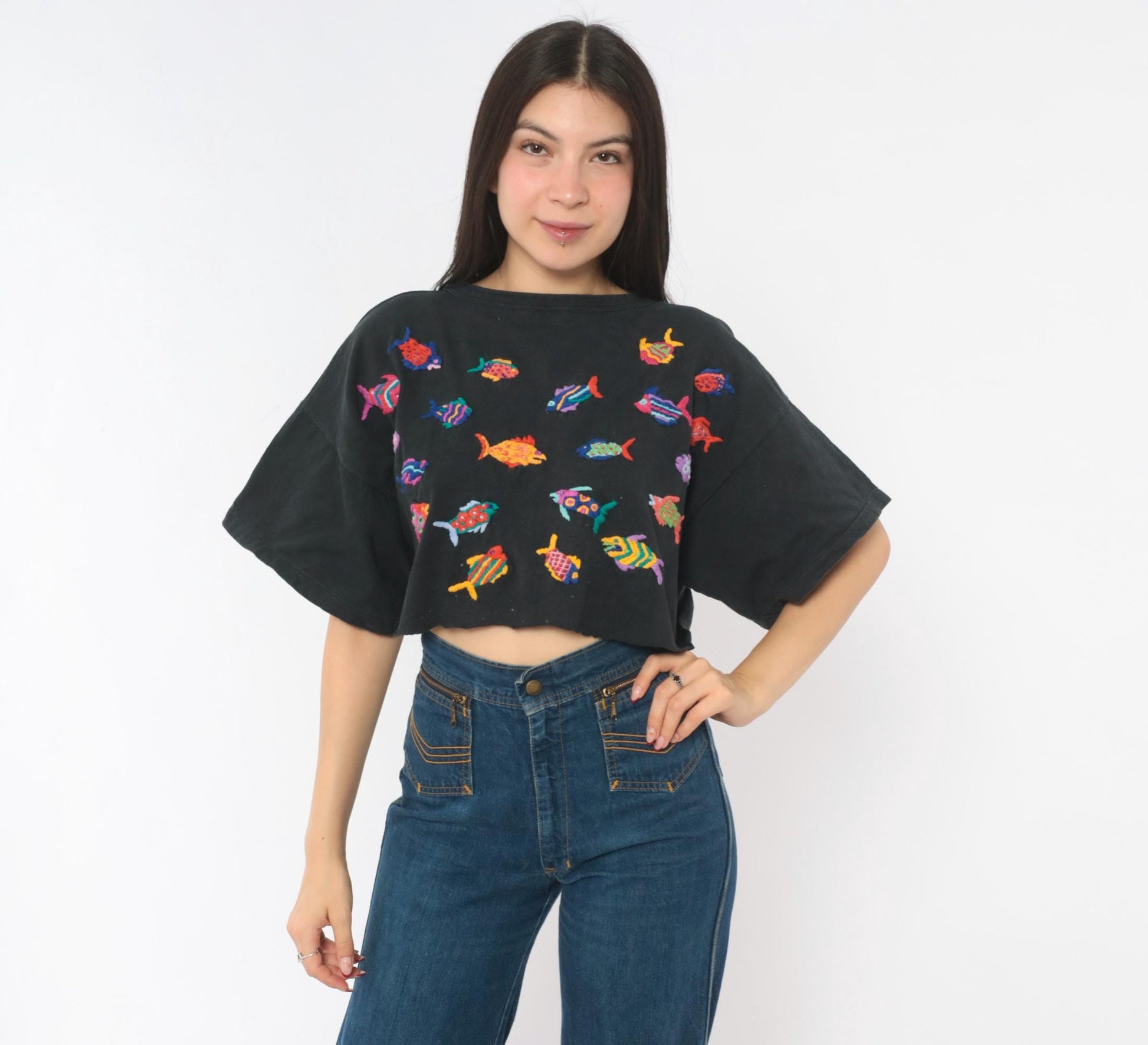 90s Las Manos Embroidered Fish Crop Top Black Cotton Rainbow Tropical Medium