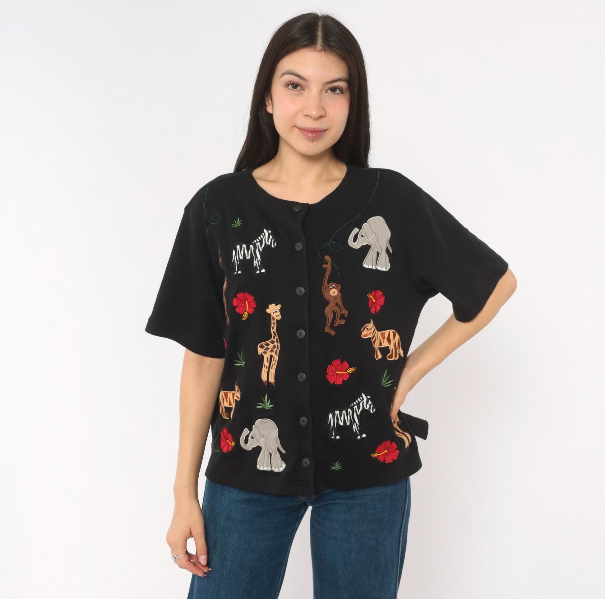 90s Bechamel Safari Animal Applique Cardigan Black Cotton Button Front Large L