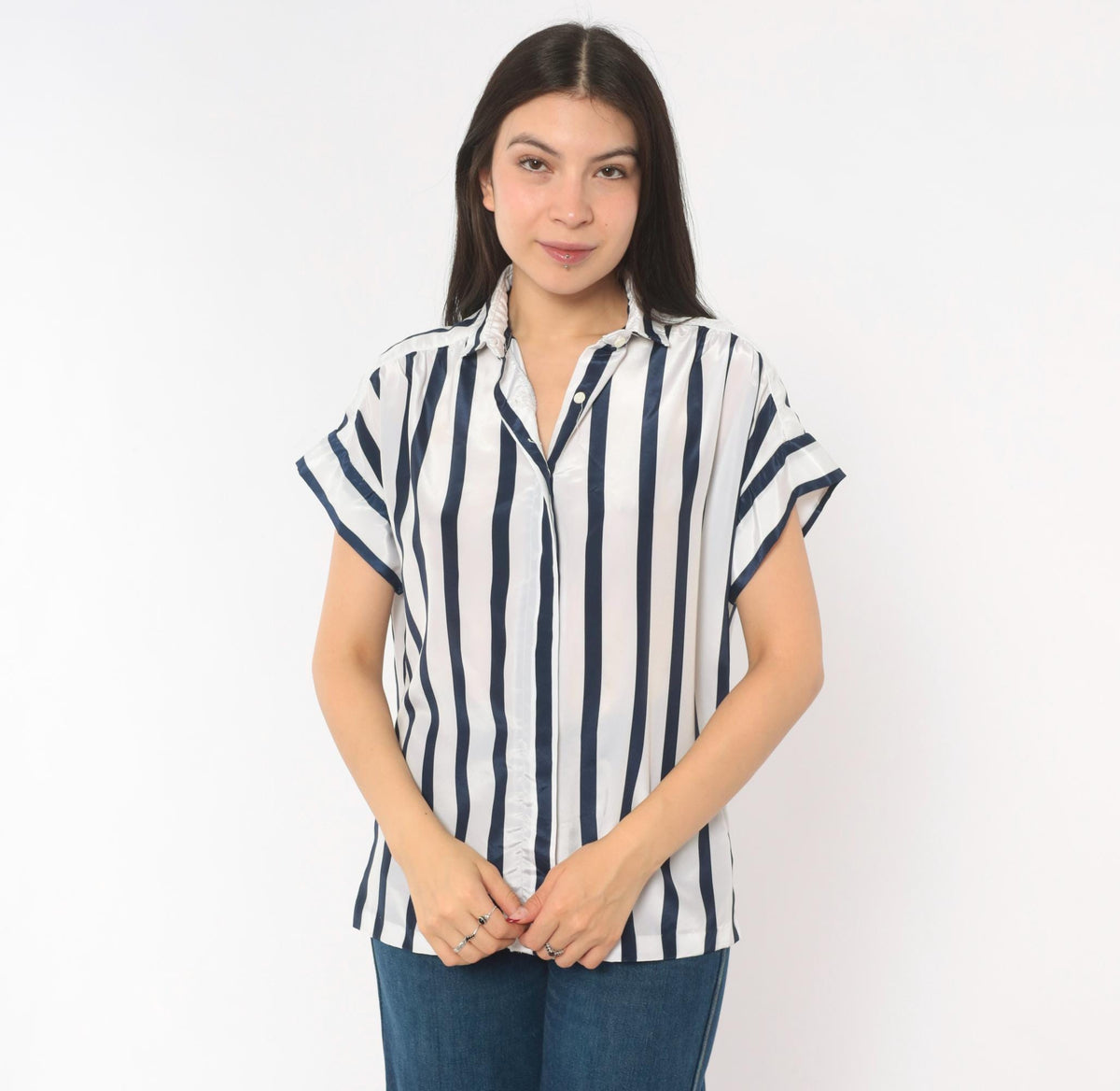 80s Navy White Striped Camp Collar Blouse Button Front Medium