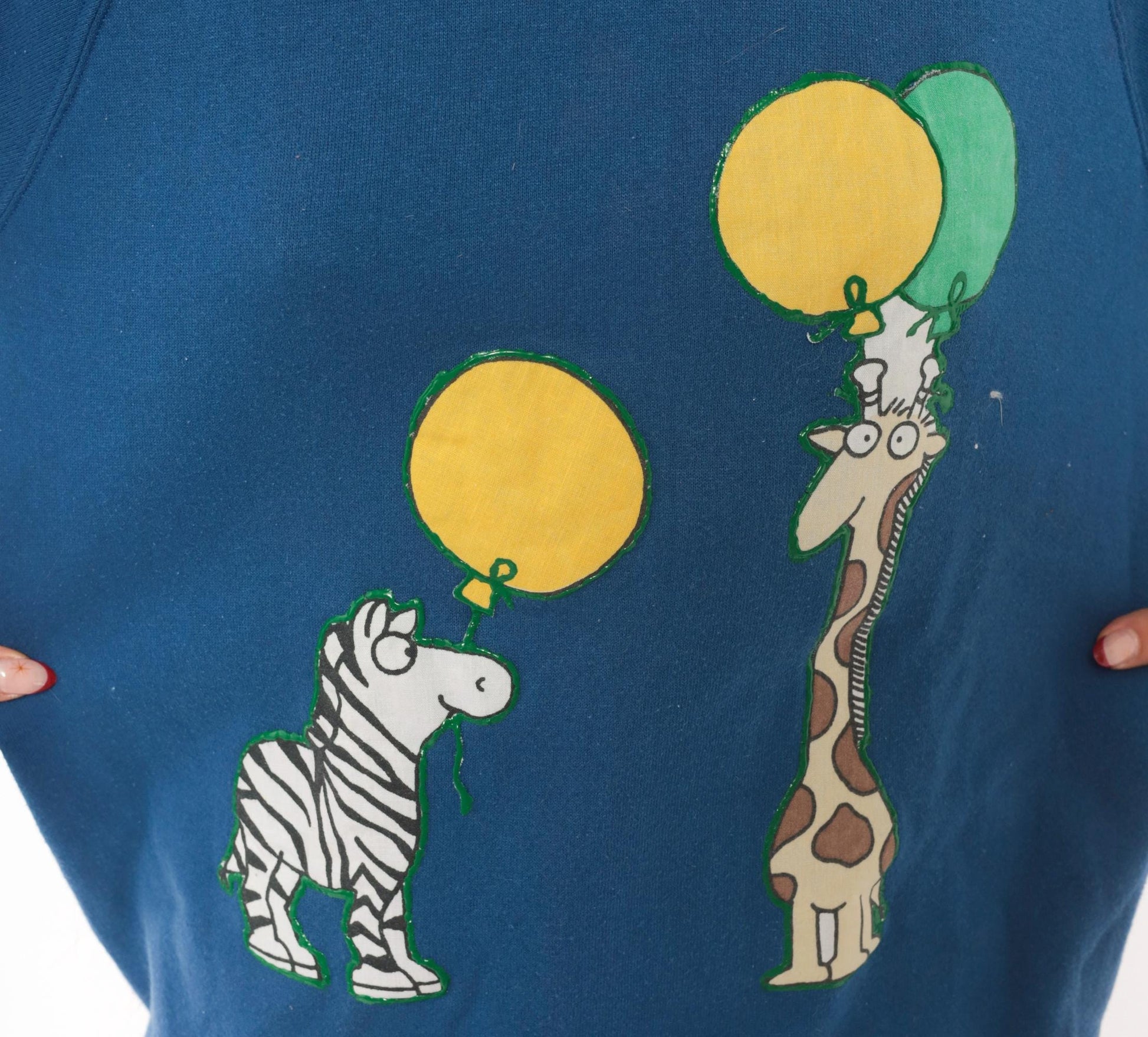 90s Jerzees Zebra Giraffe Balloon Sweatshirt Blue Raglan Applique Cotton Large