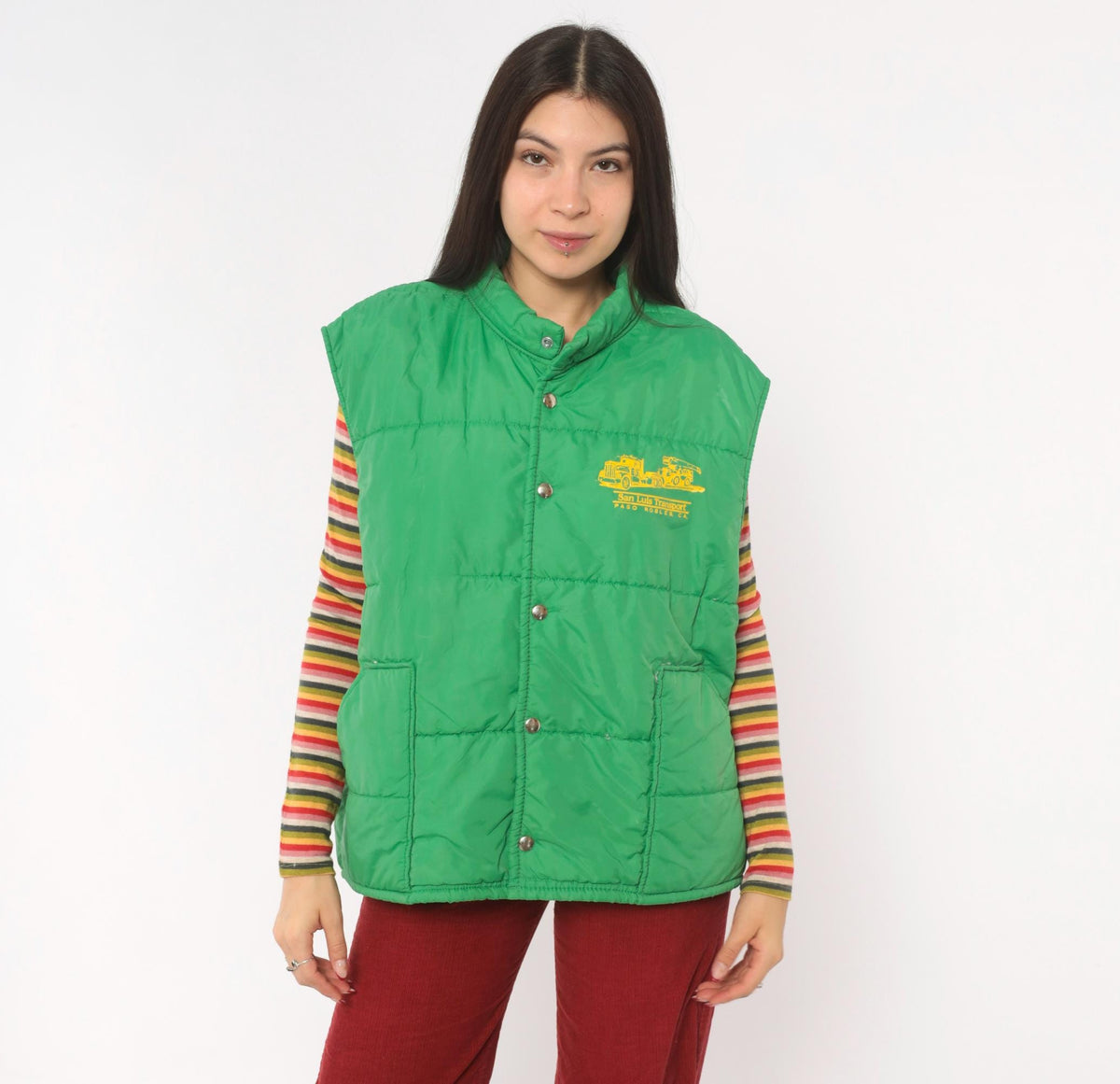80s Green Puffer Vest San Luis Transport Graphic Snap Front Quilted Medium