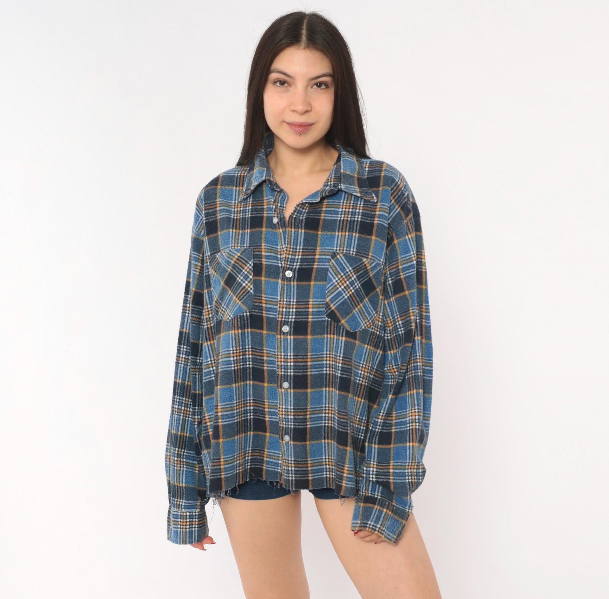 90s Montgomery Ward Flannel Shirt Blue Plaid Cotton Distressed Large L