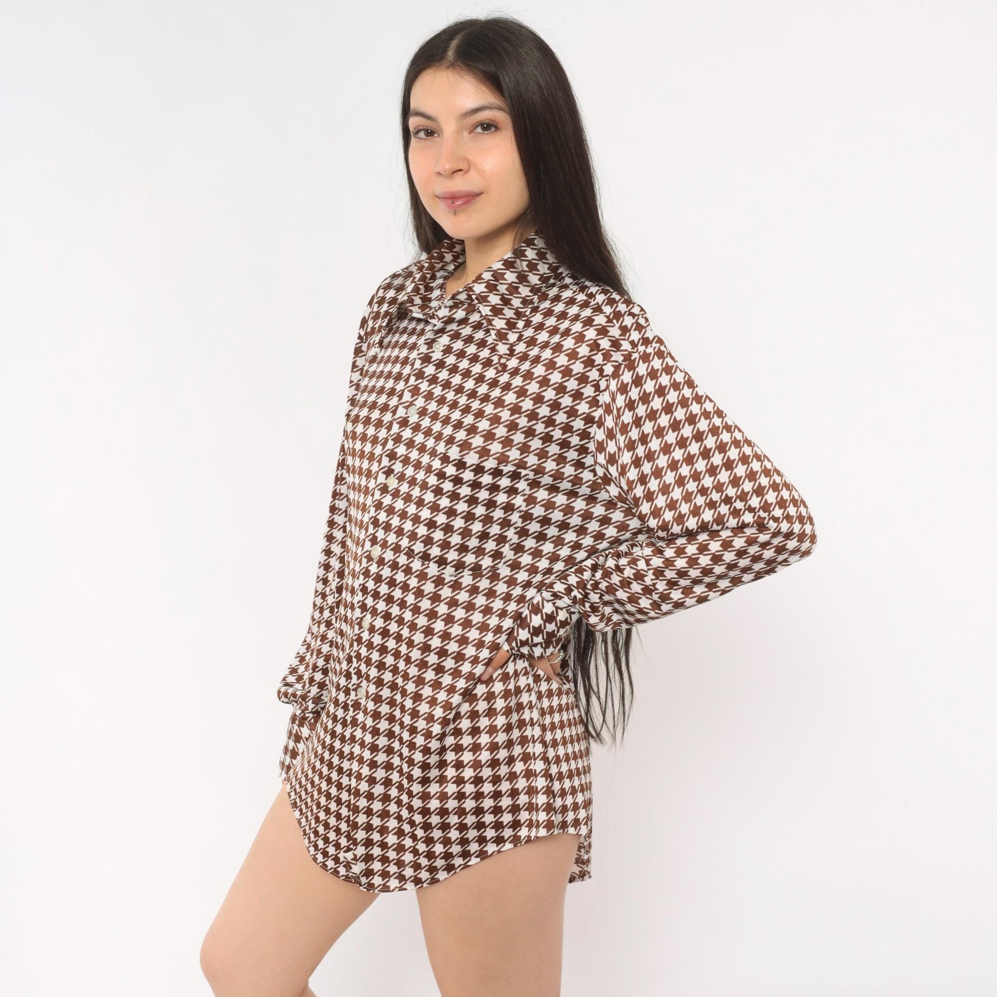 70s Brown White Houndstooth Button Up Shirt Pointed Collar Chest Pocket Large