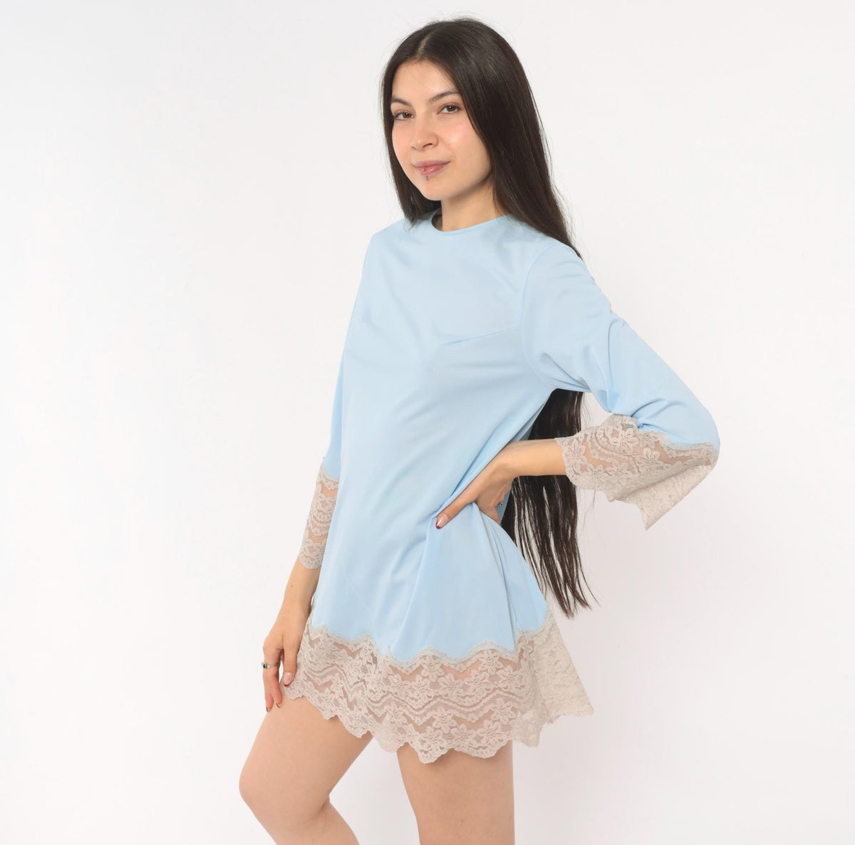 70s Sky Blue Lace Trim Mini Slip Dress Scalloped Bell Sleeve Keyhole Back XS