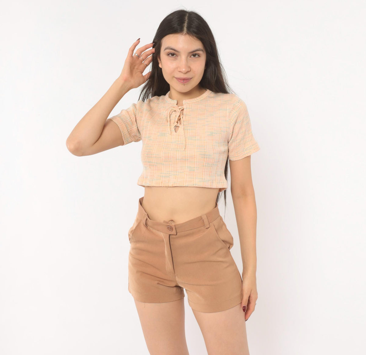 00s Tan Tailored Shorts High Waist Button Front Cuffed Hem Small S