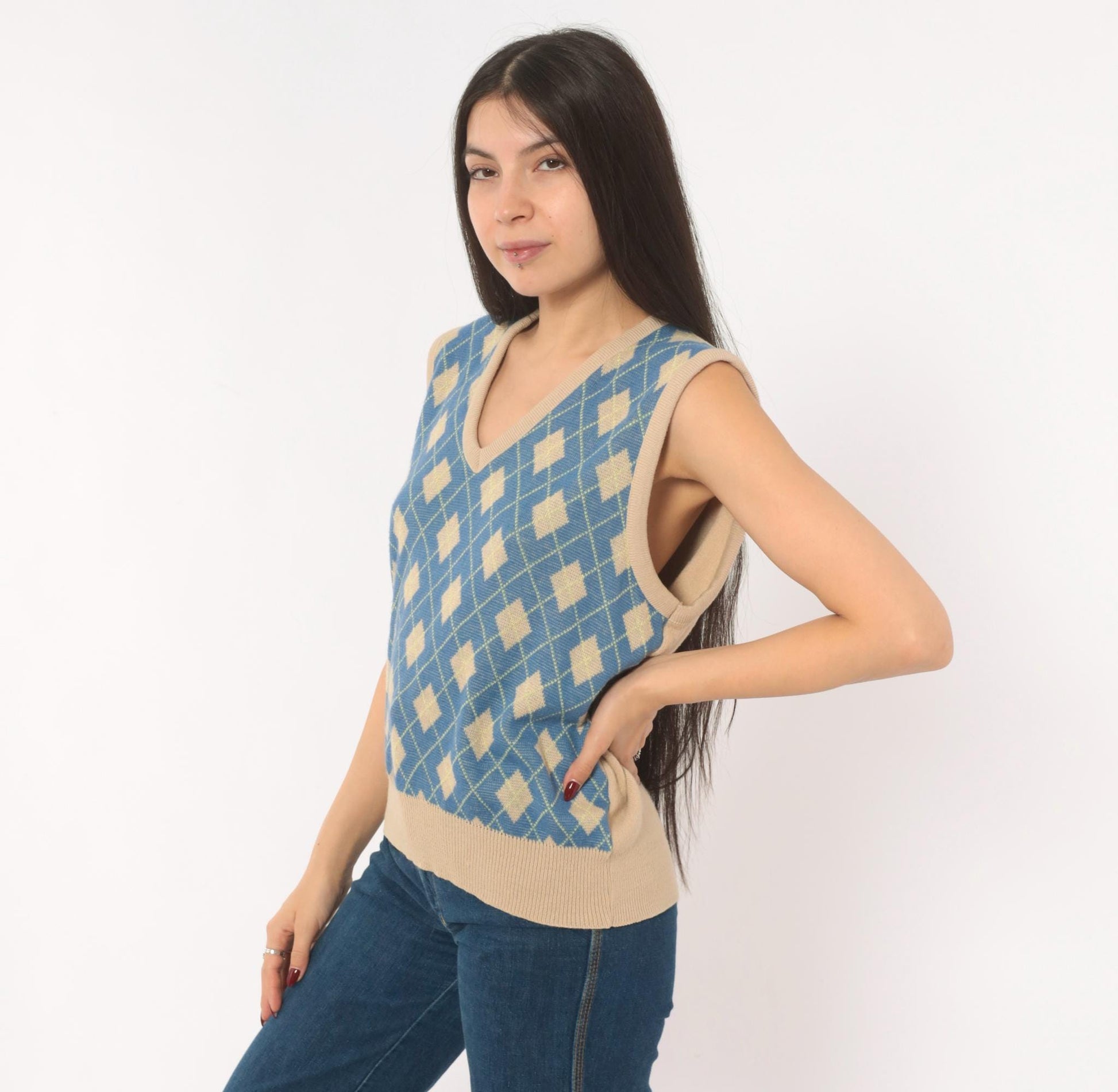 70s Pinnacle Argyle Knit Vest Blue Tan Diamond V-Neck Medium