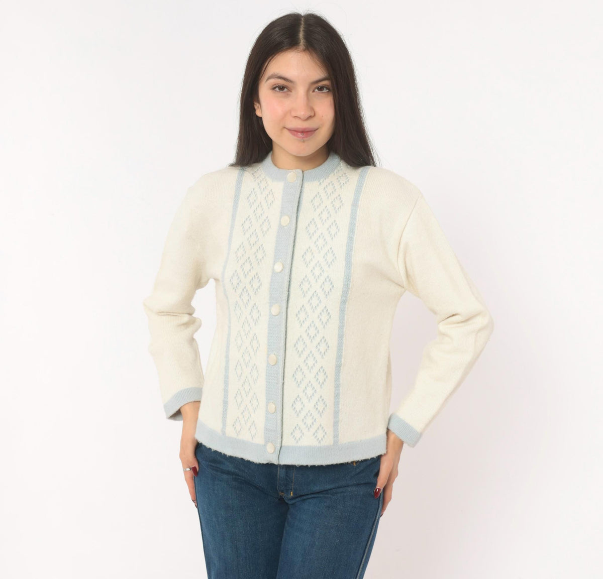 70s Mello Knit Cream Baby Blue Diamond Cardigan Button Front Medium