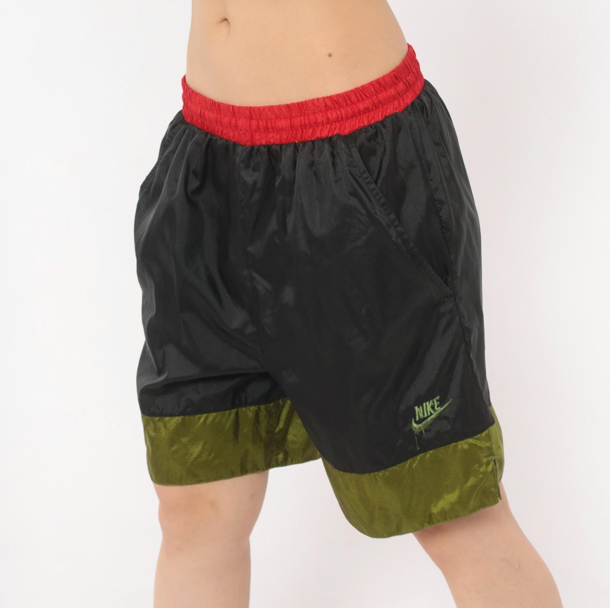 90s Nike Windbreaker Shorts Black Olive Red Color Block Medium M