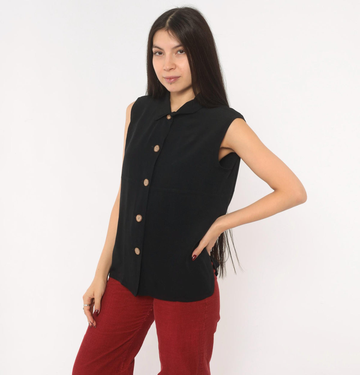 90s First Option Black Sleeveless Button Blouse Pointed Collar Medium M