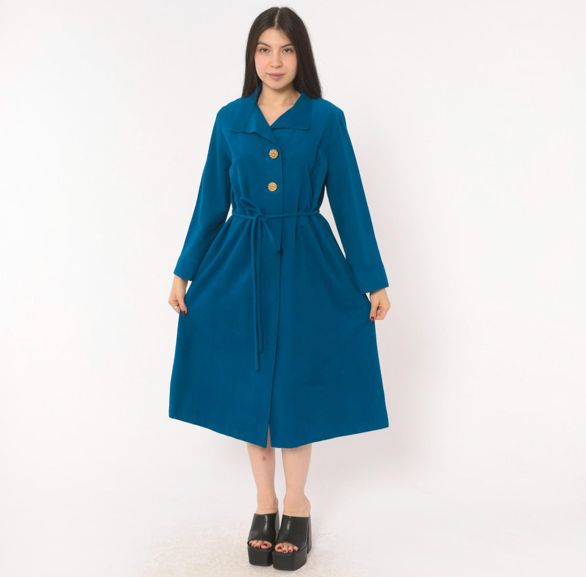 70s Vassarette Cobalt Belted Wrap Coat Knee Length Gold Buttons Medium