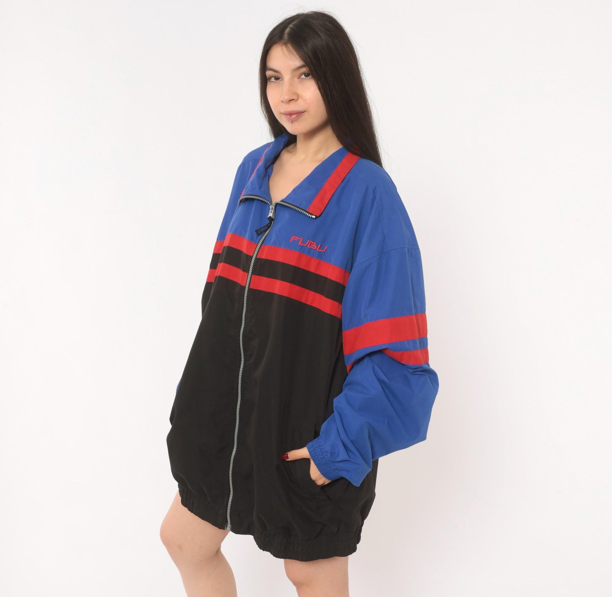 90s FUBU Sports Collection Windbreaker Royal Blue Black Red Colorblock Extra Large XL