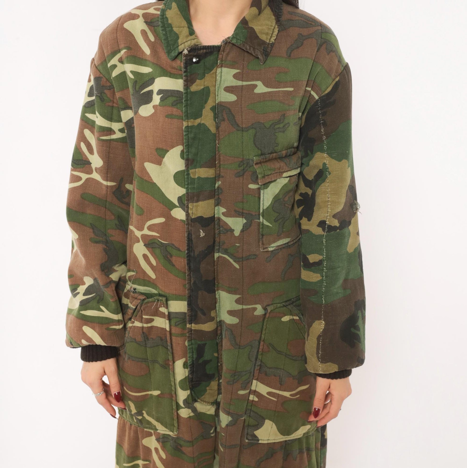 90s Woodland Camouflage Coveralls Zip Front Jumpsuit One Piece Medium