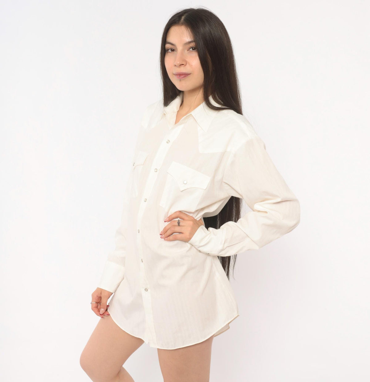 90s Ely Cattleman Western Snap Shirt Ivory Pointed Collar Yoke Medium