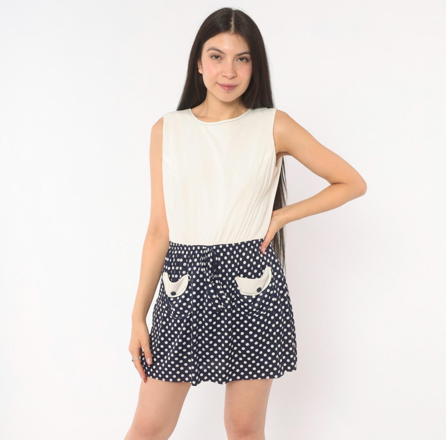 60s Jerell Two-Tone Polka Dot Mini Dress Navy Cream Mod Shift Medium M