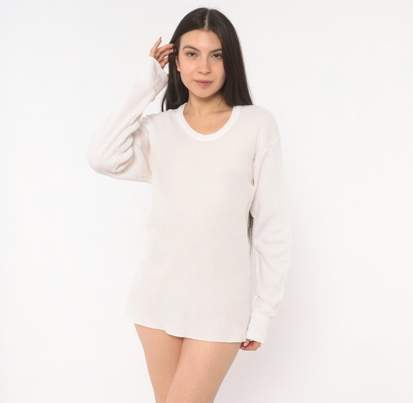90s Waffle Knit Thermal Ivory Scoop Neck Long Sleeve Cotton Tee Large