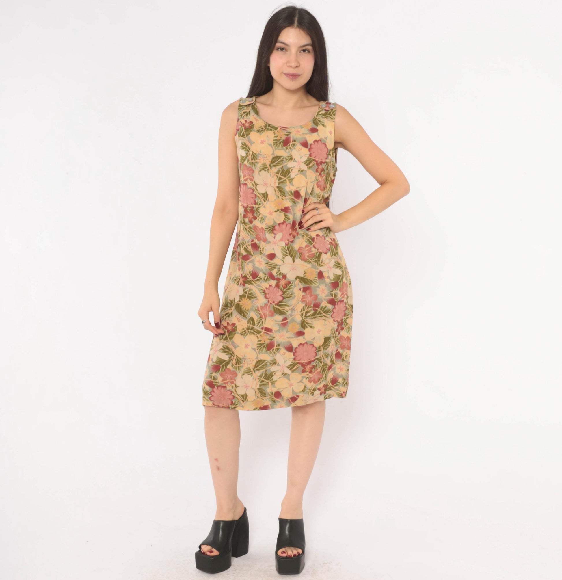 90s Dressing Clio Floral Shift Dress Cream Tropical Print Knee Length Small