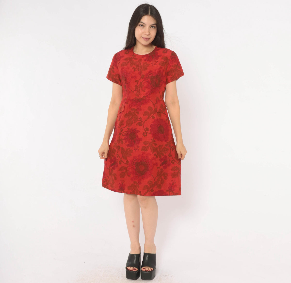60s Lisa Carlton Red Silk Jacquard Floral A-Line Dress Knee Length Small S