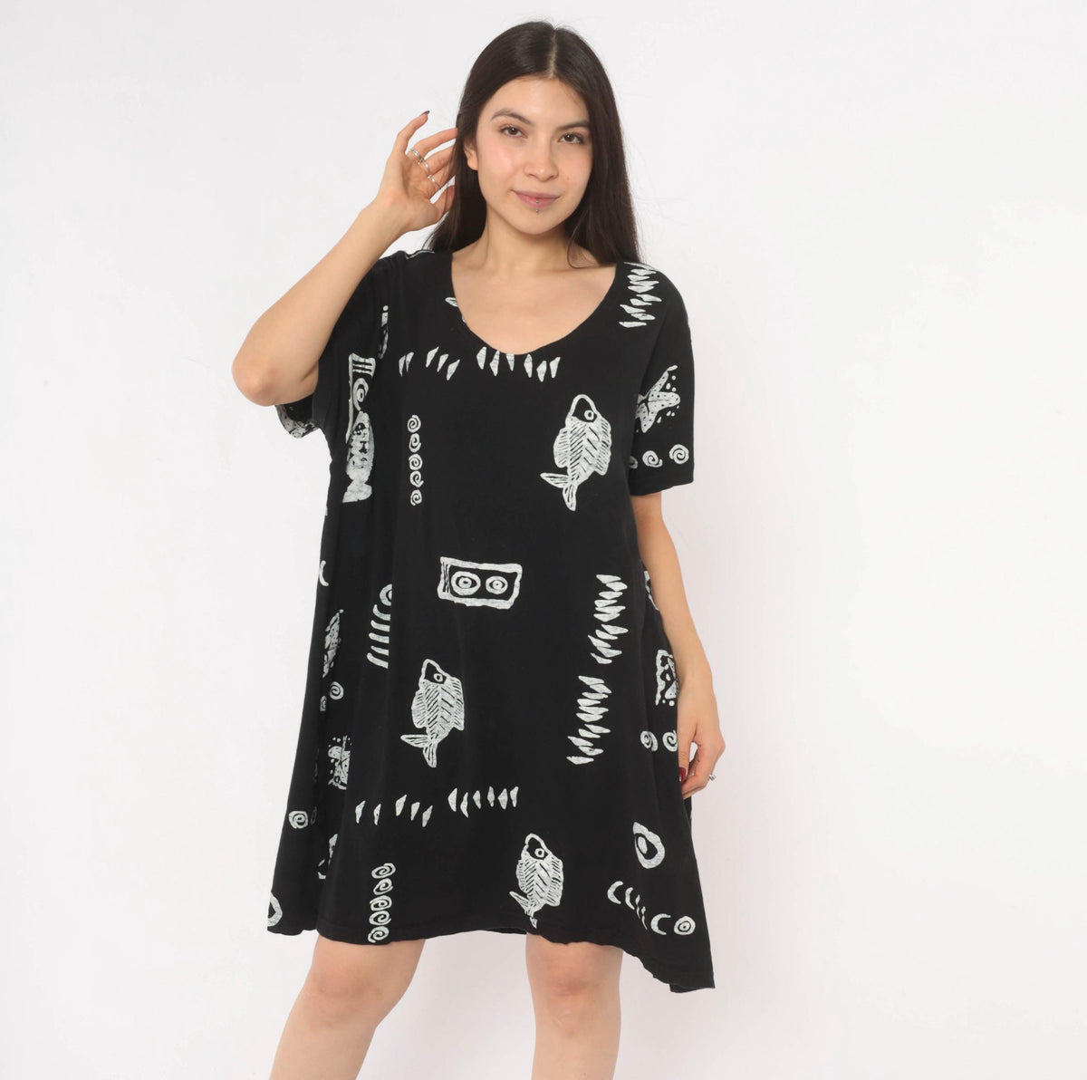 Y2K Fish Print Shift Dress Black White Cotton Marine Graphic Medium Large