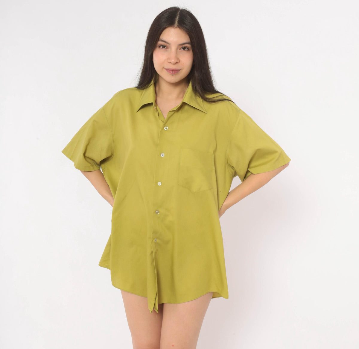 70s Olive Button-Front Camp Shirt Cotton Short Sleeve Moss Green Plus Size XXL