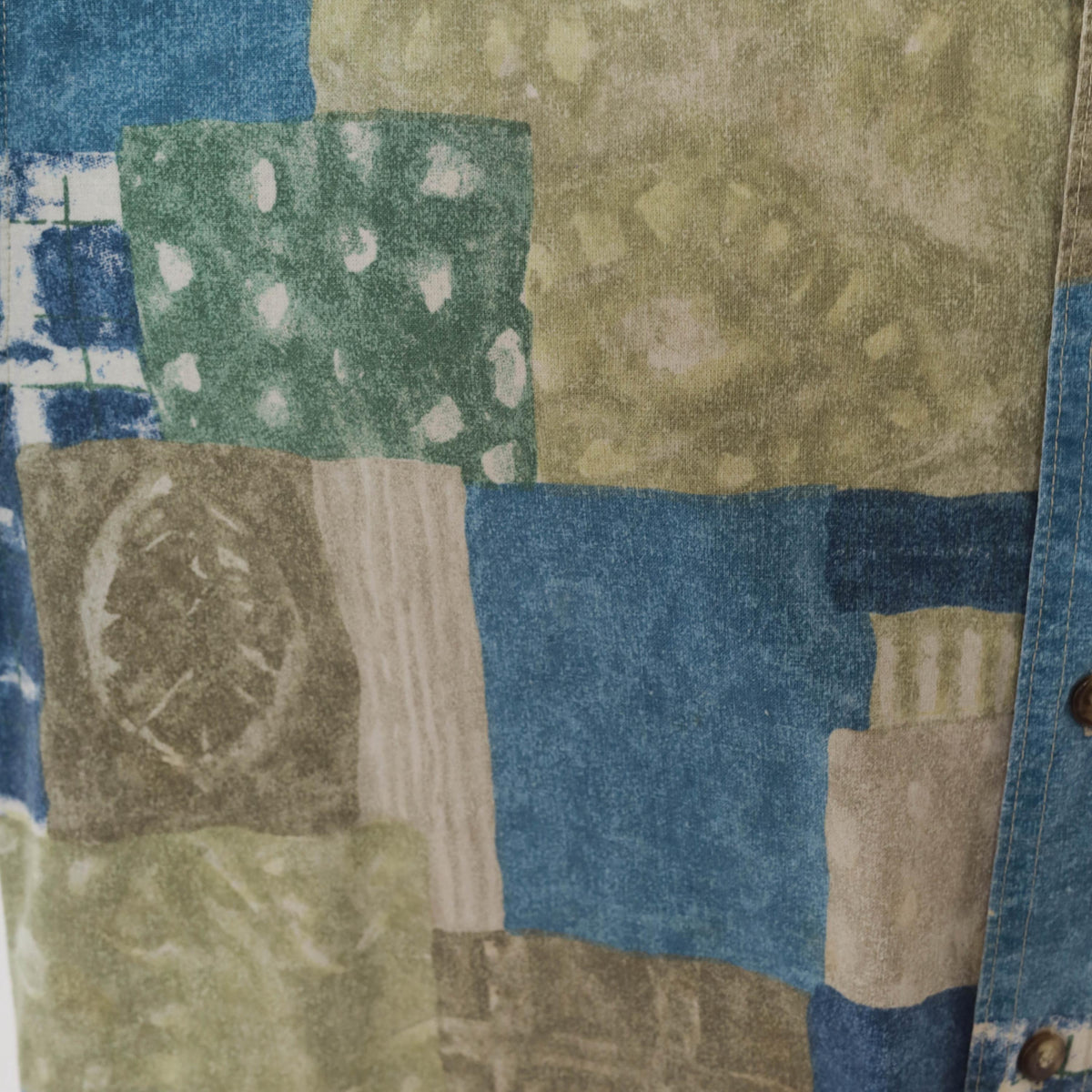90s Marc Daniels Patchwork Print Button Shirt Cotton Geometric Blue Sage Medium
