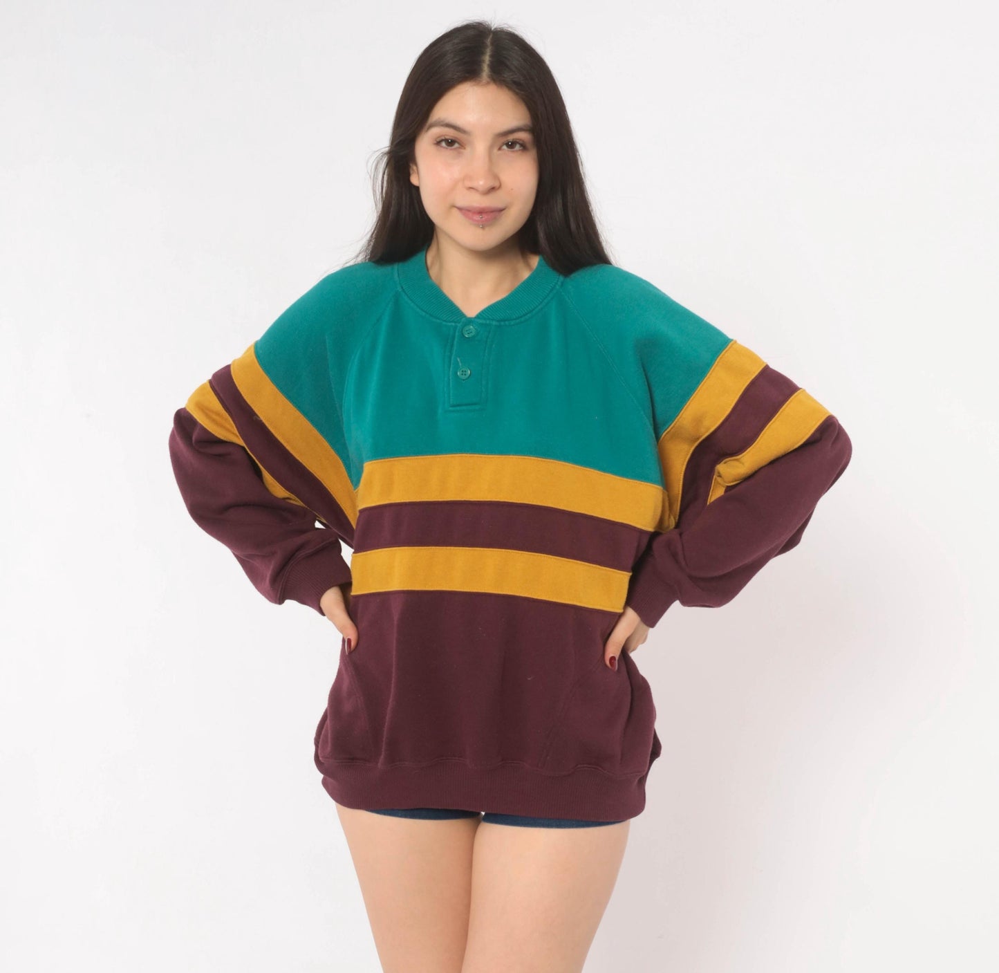 90s Prides Landing Color Block Henley Sweatshirt Teal Burgundy Mustard Large L