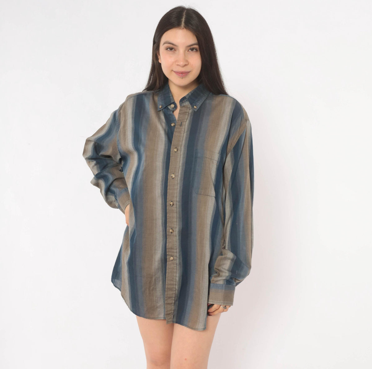 80s Mcgregor Striped Button Down Oxford Shirt Navy Taupe Brown Large L