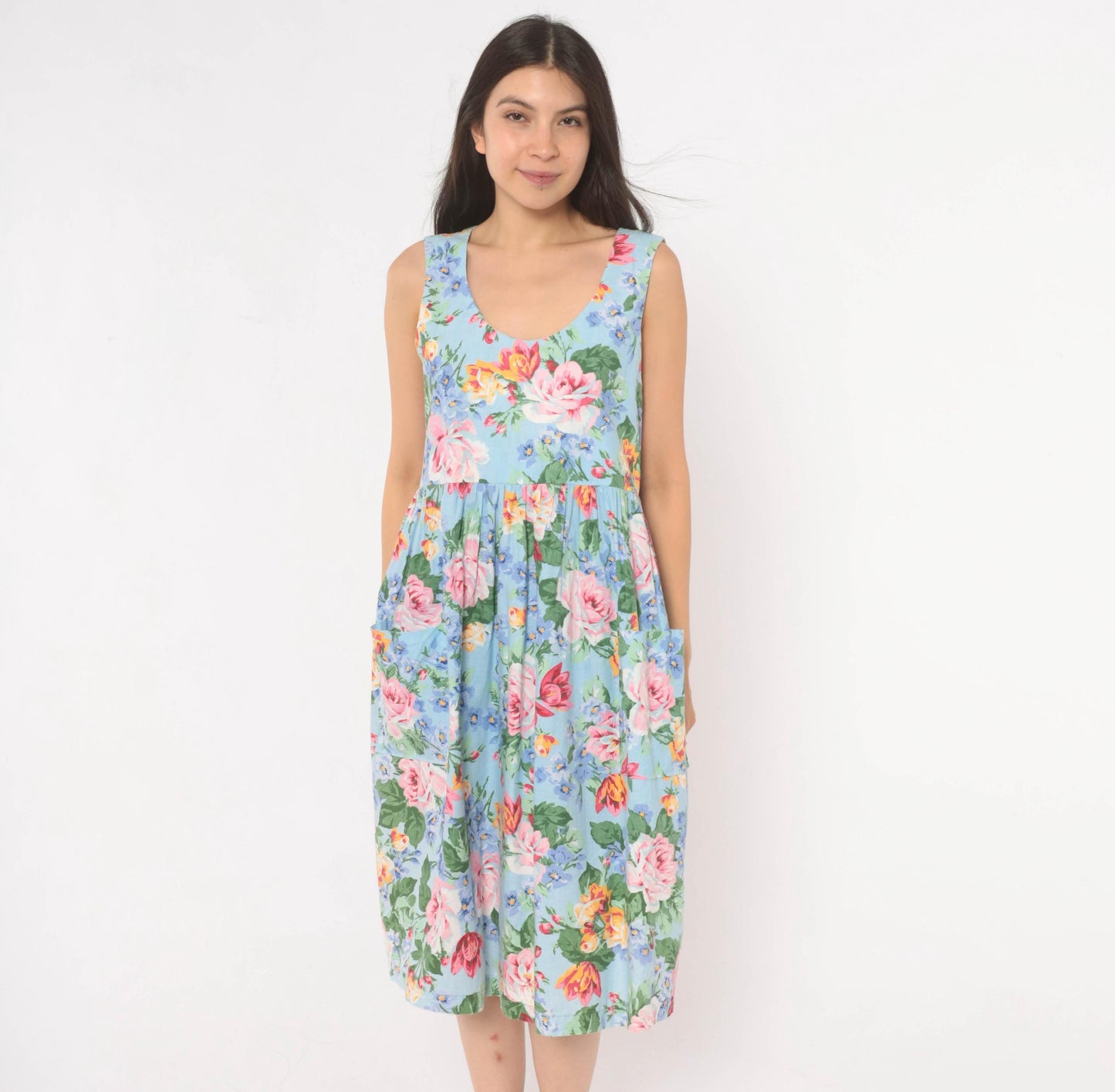 80s Sky Blue Floral Sundress Rose Print Scoop Neck Gathered Waist Medium