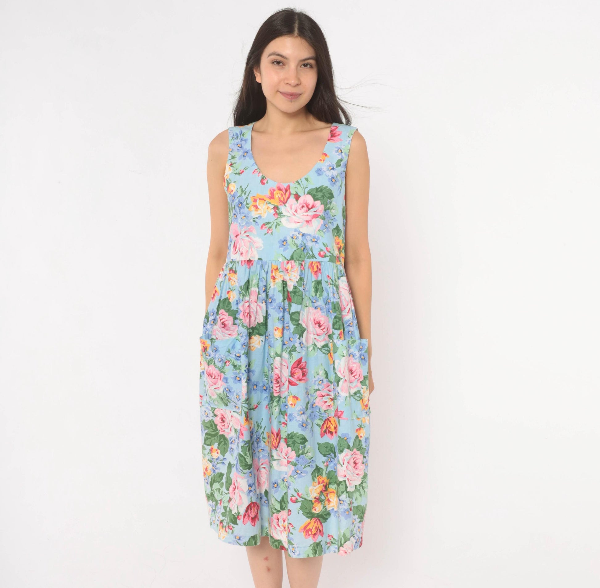 80s Sky Blue Floral Sundress Rose Print Scoop Neck Gathered Waist Medium
