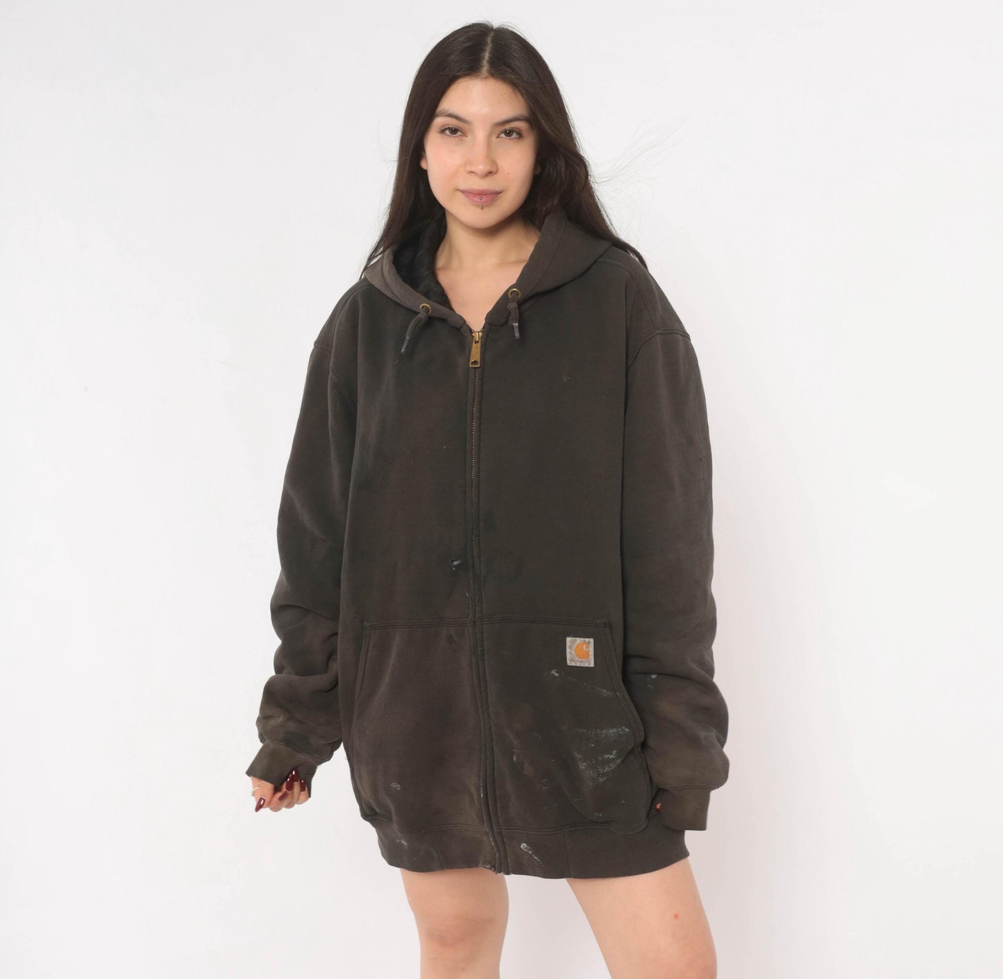 Y2K Carhartt Full Zip Hooded Sweatshirt Dark Brown Distressed XL