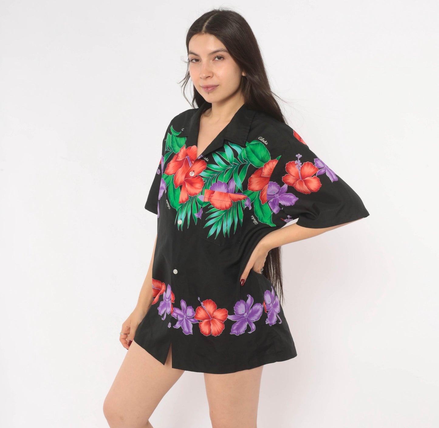 80s Made In Hawaii Hawaiian Shirt Black Hibiscus Floral Camp Collar Large