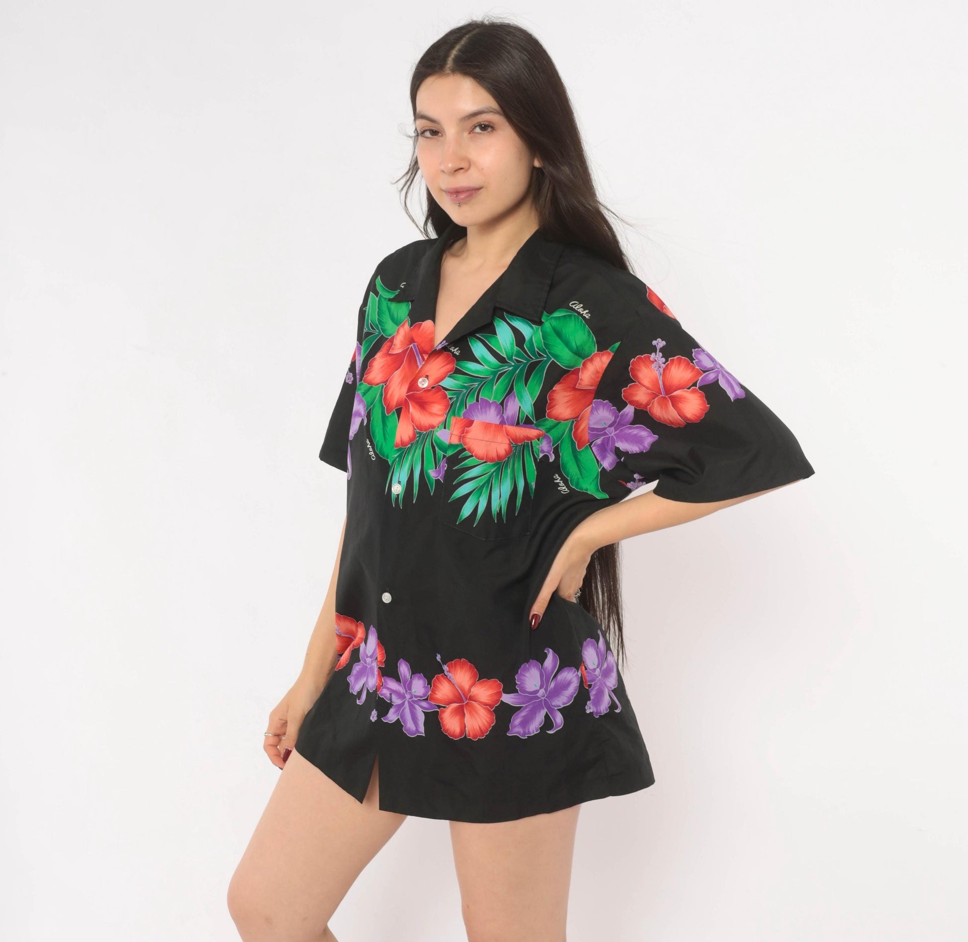 80s Made In Hawaii Hawaiian Shirt Black Hibiscus Floral Camp Collar Large