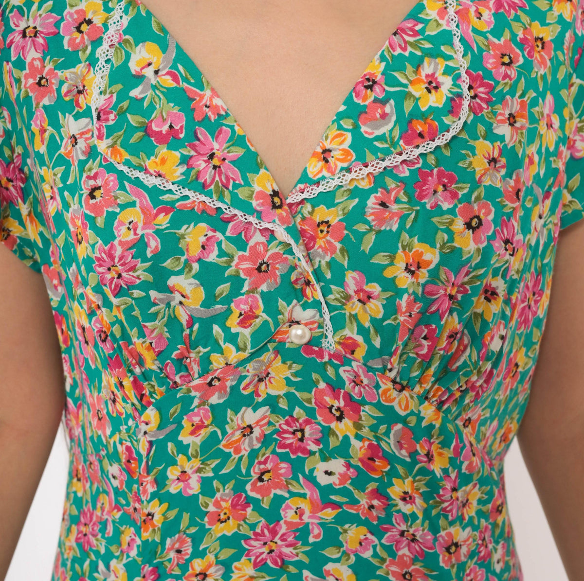 90s Hang Ten Floral Maxi Dress Green Pink Yellow V-Neck Wrap Bodice Large L