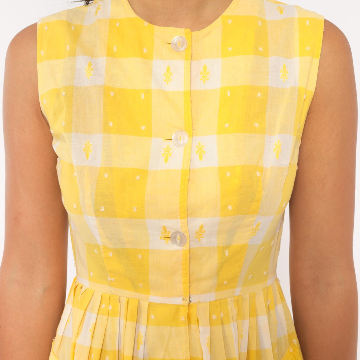 60s Yellow White Gingham Cotton Sundress Button Front Pleated Knee Length Extra Small