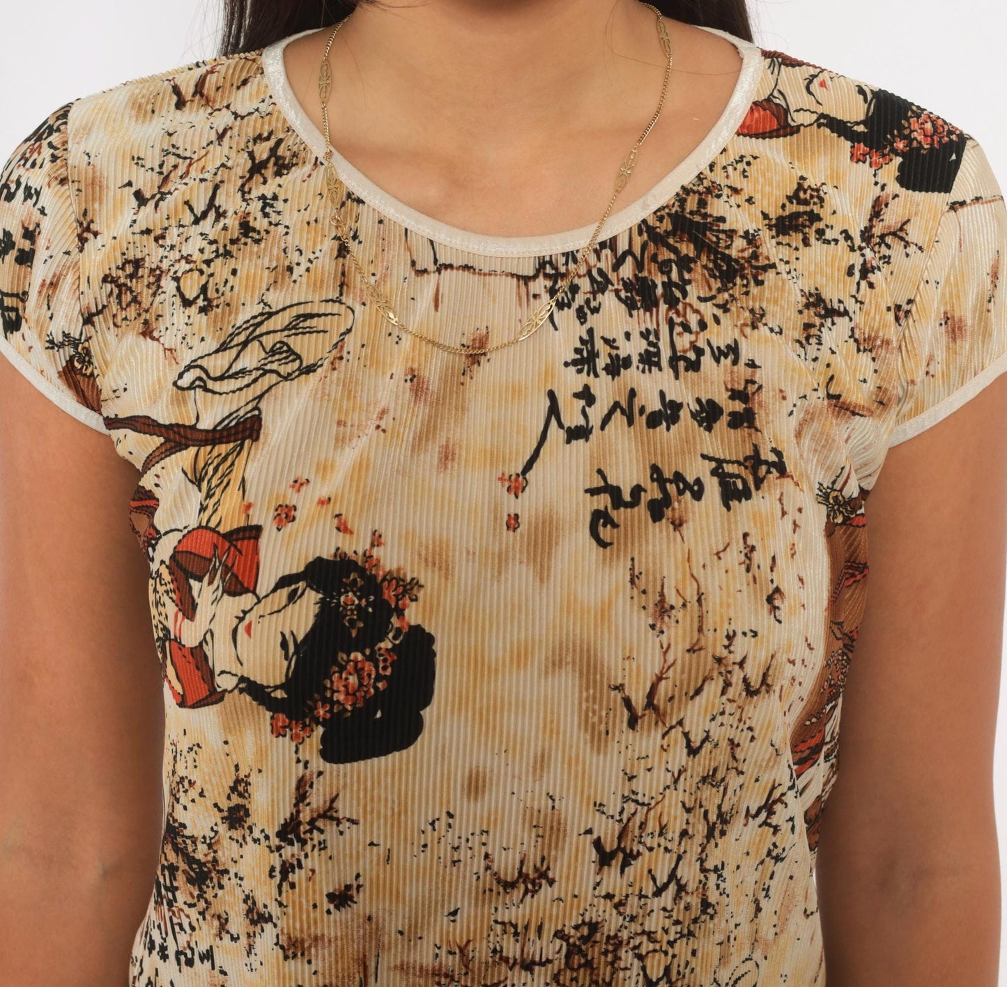 Y2K Pretty Girl Geisha Cap Sleeve Top Tan Brown Red Small S