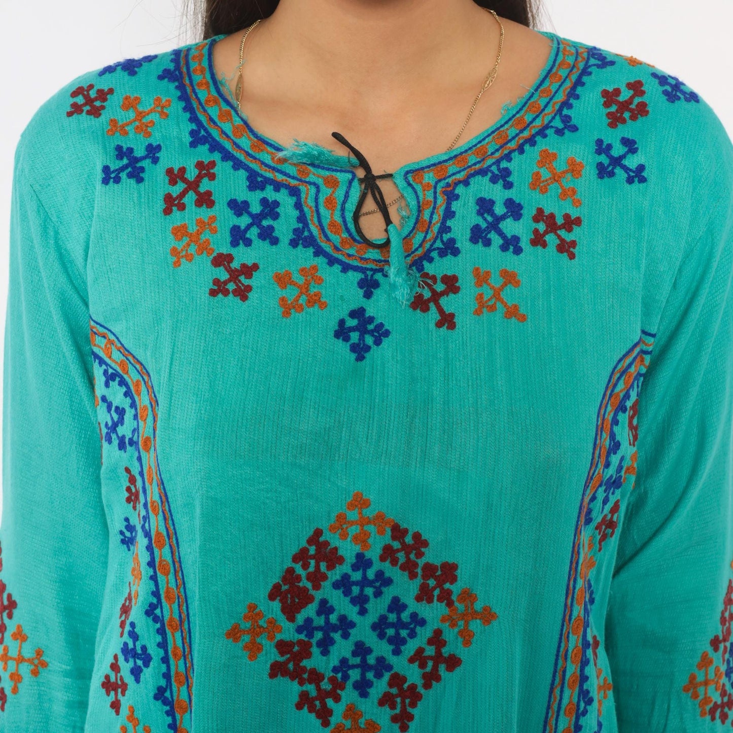 Y2K Teal Cotton Kaftan Embroidered Cross Stitch Diamond Tunic Dress Medium M
